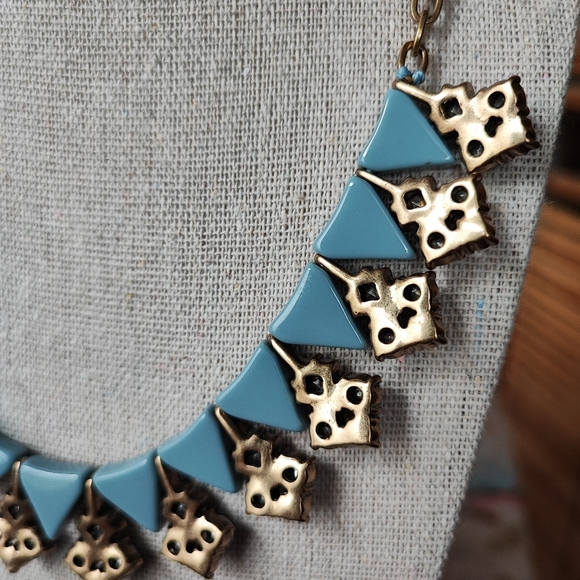 J. Crew Art Deco Revival Triangle Cornflower Blue Brass Smoke Stone Necklace EUC - Picture 4 of 10